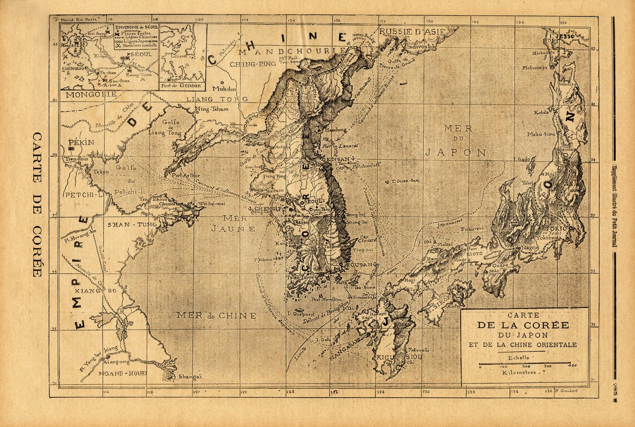 韓国、日本、中国東部の地図。1894年3月9日付「Le petit journal」誌に掲載された版画。セルバのコレクション。 作： 無名の画家