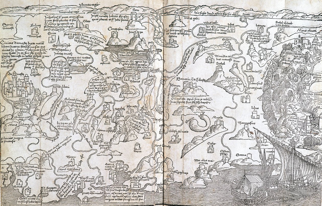 パレスチナの地図-ベルナルド・ド・ブレイデンバッハ著『聖なる巡礼』より 作： 無名の画家