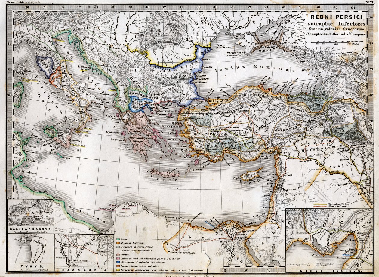 アレクサンダー大王の時代のペルシャ帝国の地図。1865年のアトラス。