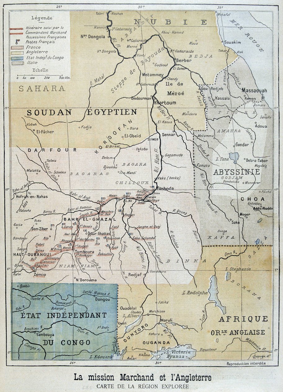 マルシャン号が探検した地域の地図 - 1898年9月10日付「Le Petite Journal」紙に掲載 作： 無名の画家