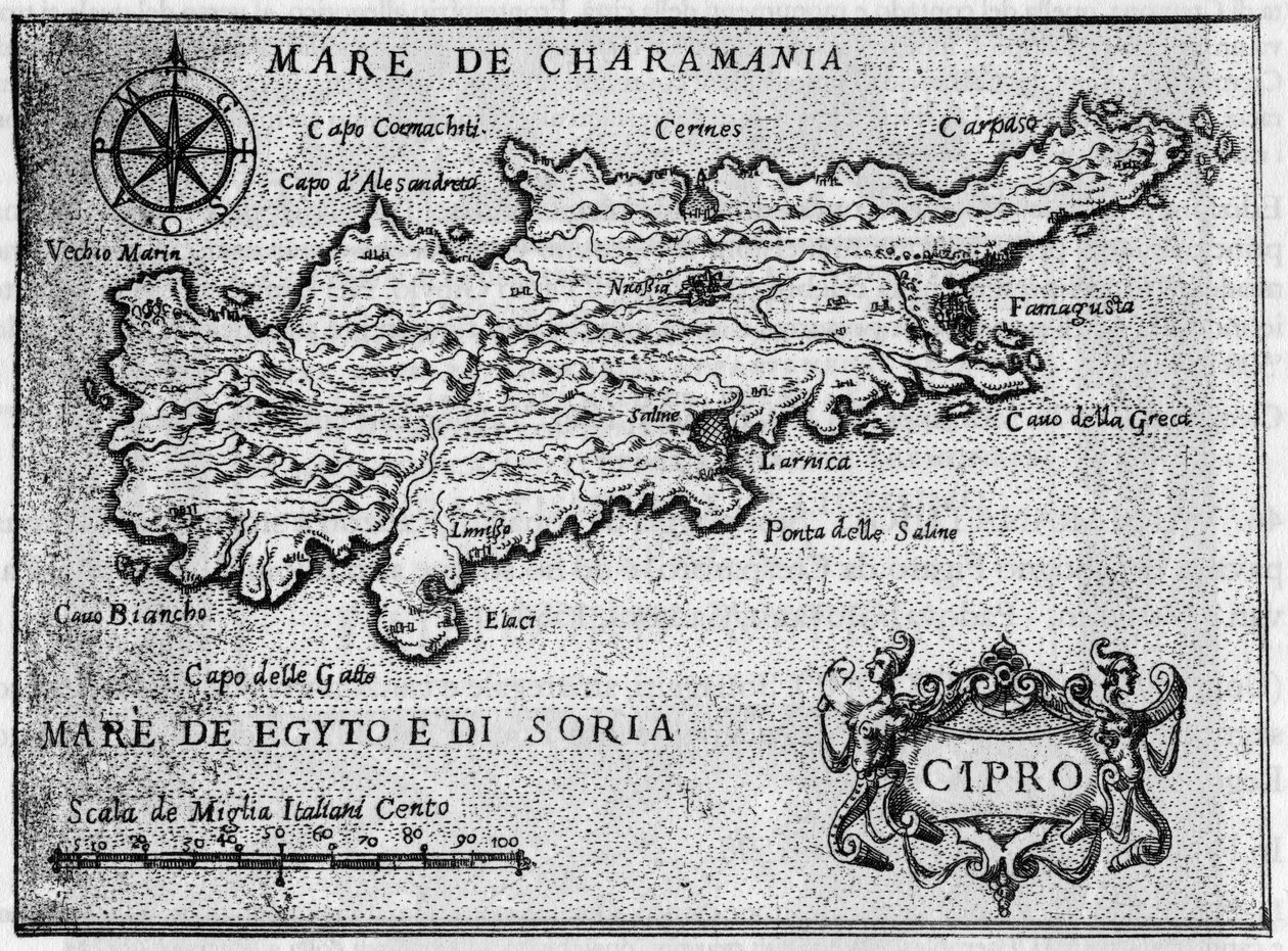 1587年の『Il devotissimo viaggio di Gerusalemme』に掲載されたキプロス島（シプロ）の地図。 作： 無名の画家