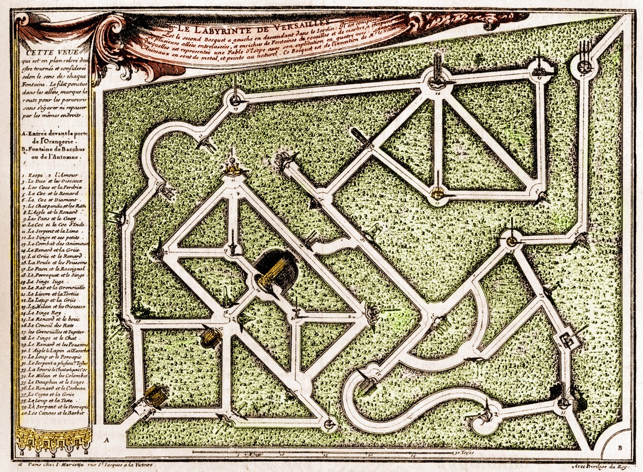 アンドレ・ル・ノートル（1613-1700）が制作したヴェルサイユ城の公園にある迷路の地図。La Nature.Revue des sciences et de ses applications aux arts and a