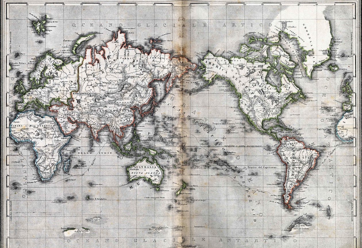 世界の地図。イタリア。19世紀中頃のエングレーヴィングです。