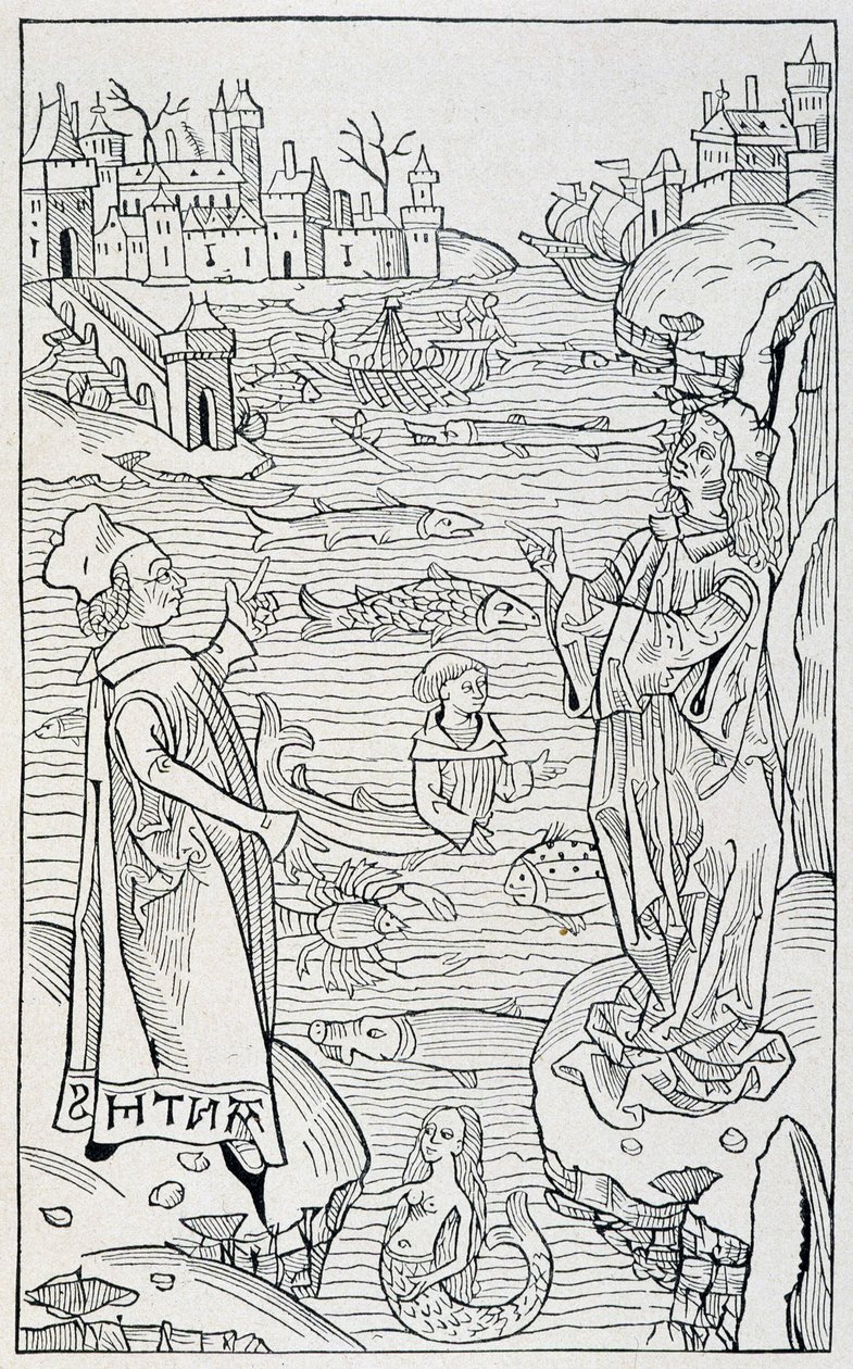 海洋動物と怪物-1491年マインツ版『Hortus Sanitatis』の「De Piscibus」の章のタイトルページ 作： 無名の画家