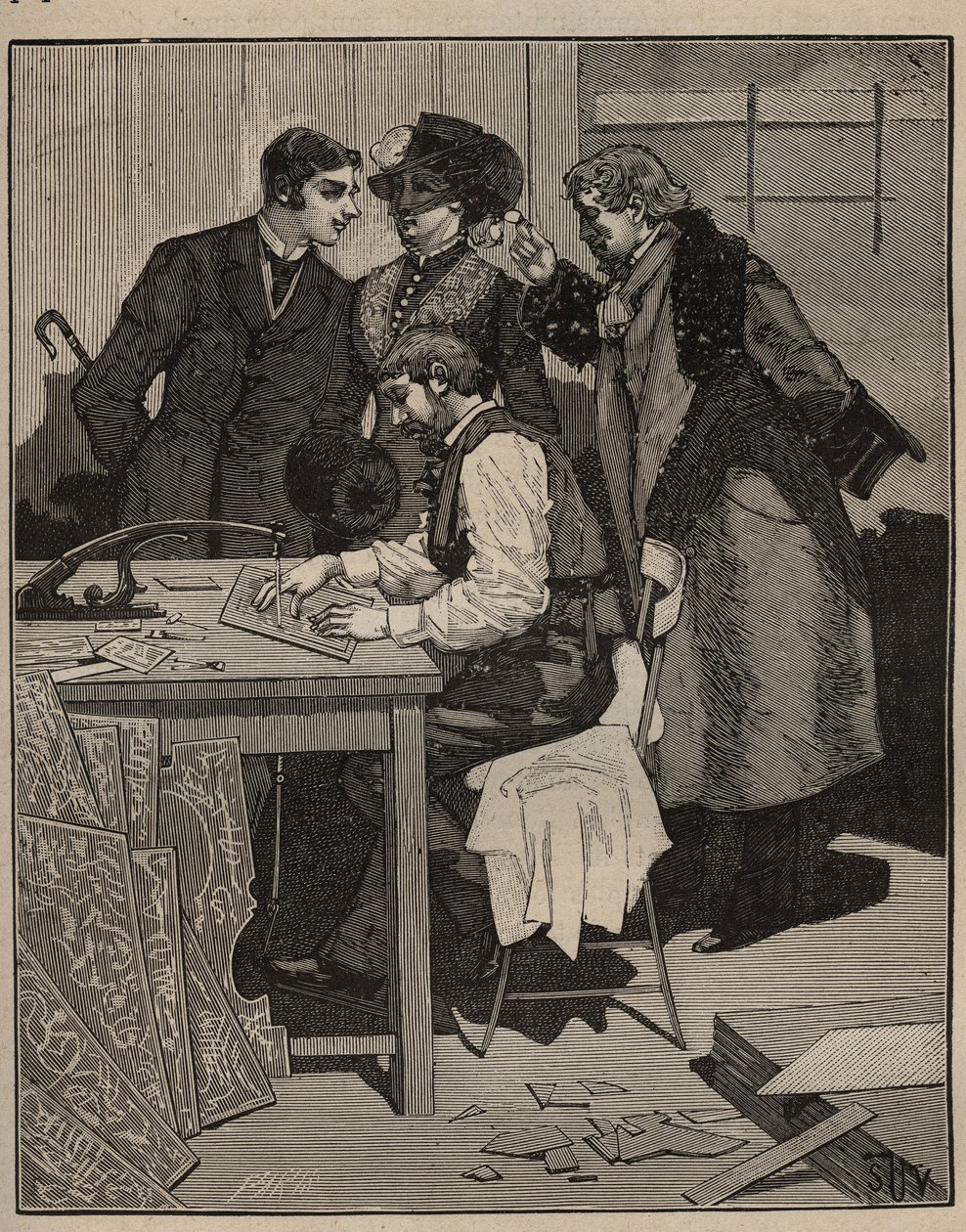 寄せ木細工：寄せ木細工には作品がある。Adolphe BITARDの "Les arts et metiers illustres "に掲載された1885年のエングレービング。 作： 無名の画家