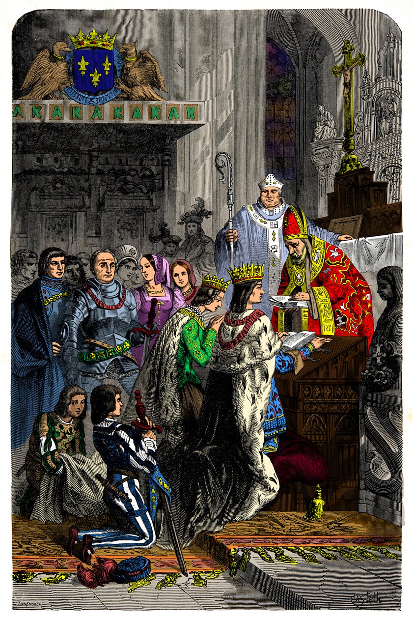 1491年12月13日にランジェ城で行われたシャルル8世（1470-1498）とブルターニュのアンヌ（1477-1514）の結婚、19世紀のエングレーヴィング。 作： 無名の画家