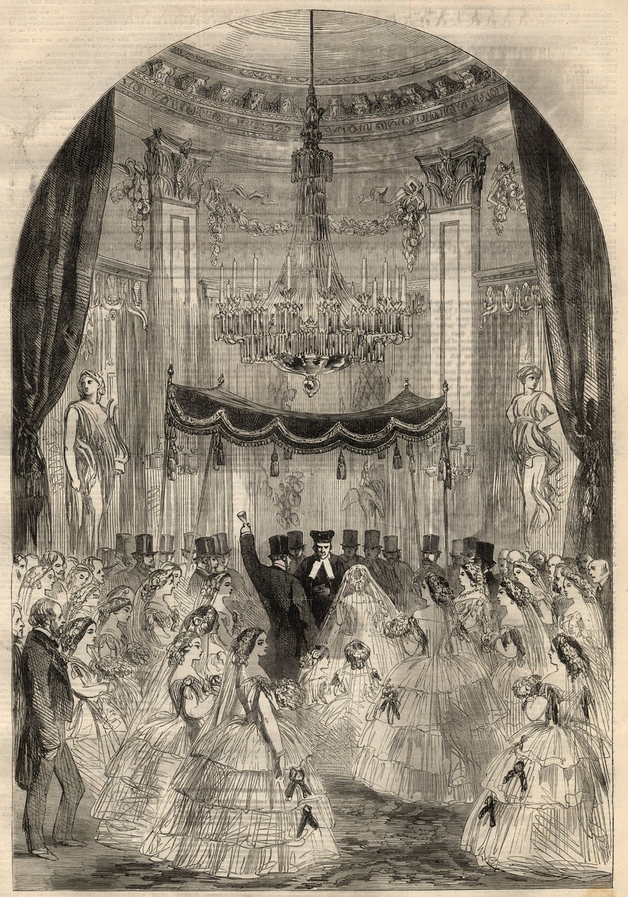 アルフォンス・ド・ロートシルト男爵(1827-1905)とレオノーラ・ド・ロートシルト(1837-1911)の結婚。メアリーは床に飲み物を投げることを覚えた。"broken glass "と呼ばれるユダヤ人の結婚の最終段階である。3月の「イラストレイテッド・ロンドン・ニュース」に掲載された図版 作： 無名の画家