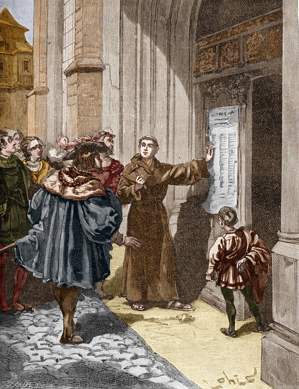 ヴィッテンベルクで95ヶ条の論題を掲げたマルティン・ルター（1483-1546）。 作： 無名の画家