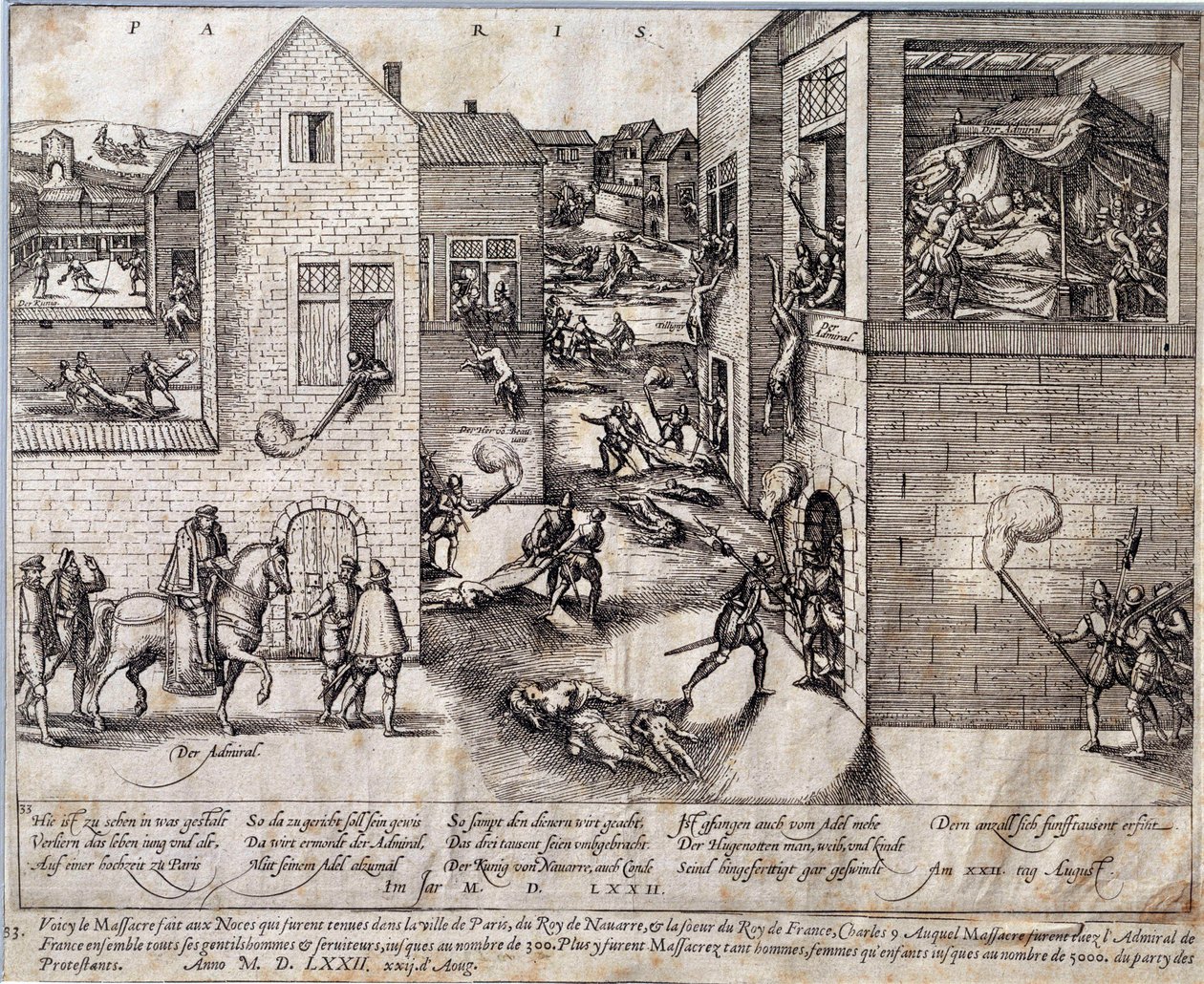 1572年8月24日の夜、パリで行われたサン・バルテルミー（聖バルテルミー）の虐殺。16世紀のエングレーヴィング。ポー、ミュゼ・デュ・シャトー 作： 無名の画家