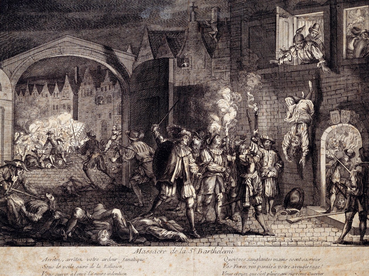 1572年8月24日の夜、パリで行われたサン・バルテルミー（聖バルテルミー）の虐殺。16世紀のエングレーヴィング。ポー、ミュゼ・デュ・シャトー 作： 無名の画家