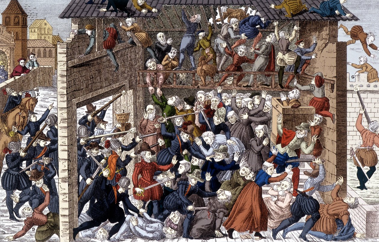 1562年3月1日、第2代ギーズ公フランソワ1世（1519年～1563年）のもとで行われたワッシー（Vassy）の大虐殺。 作： 無名の画家