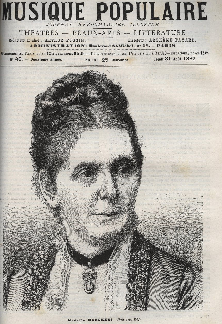 Mathilde Marchesi (1821-1913) ドイツのメゾ・ソプラノ - 輝かしい週刊紙 "Popular music "に掲載された彫刻 - 1882年 作： 無名の画家