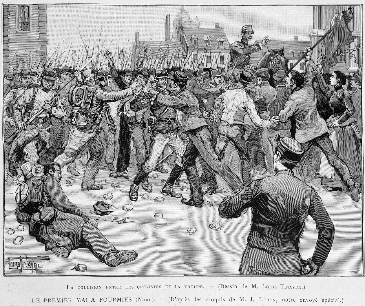 5月1日（1891年） à Fourmies - ストライキ参加者と劇団員の衝突 - "Le Monde Illustré "にて 作： 無名の画家