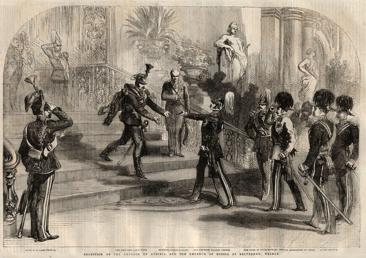 Treffen zwischen dem russischen Zaren Alexander II. (1818-1881) und dem österreichischen Kaiser Franz Joseph I. (1830-1916) im Belvedere in Weimar (Deutschland). Von links nach rechts: Alexander II., Franz Joseph I., Karl Alexander Herzog von Sachsen-Weim von Unknown artist