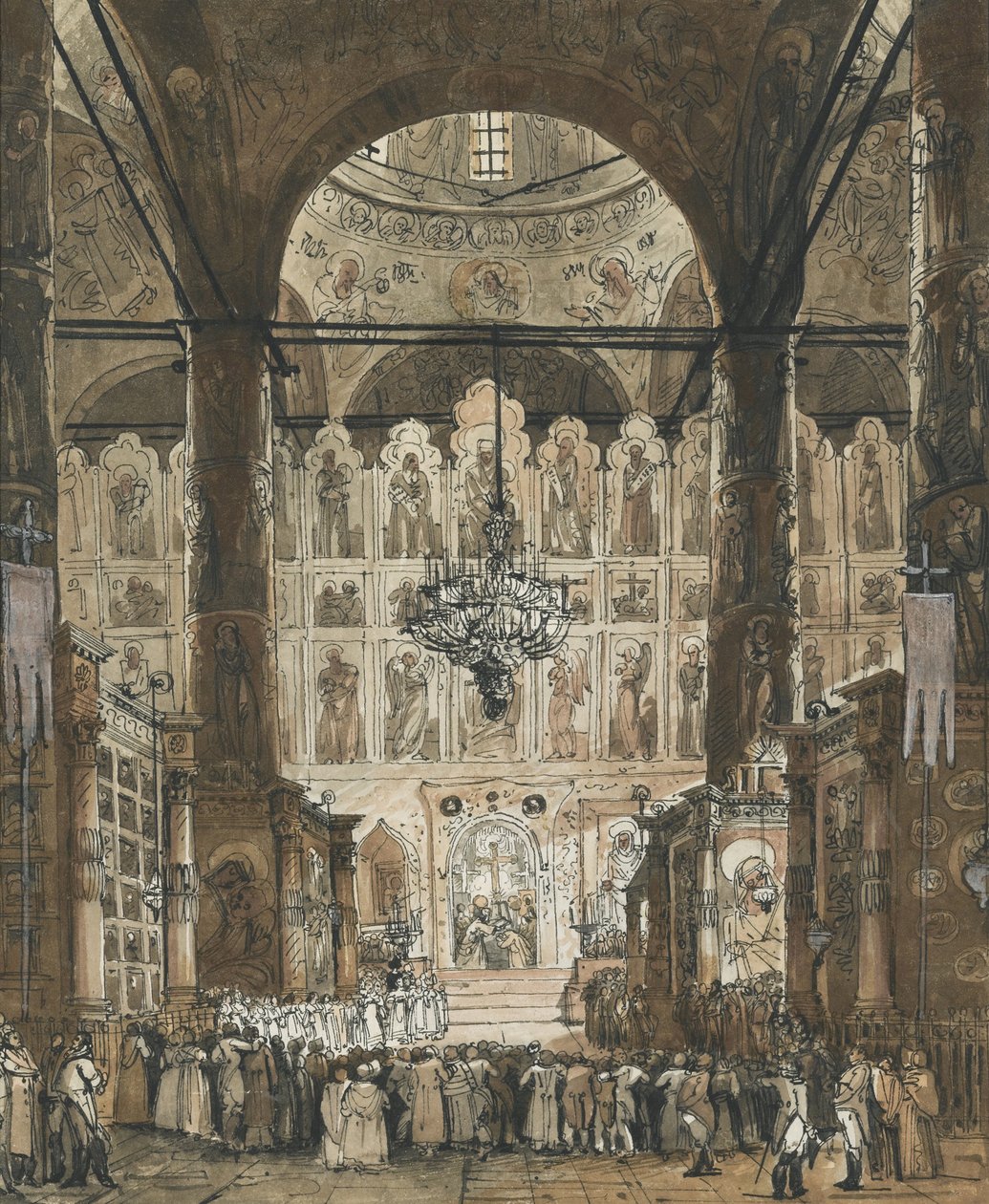 "Messe a la cathedrale de la Dormition du kremlin a Moscou, Russie" (モスクワのクレムリンにあるドーミション大聖堂でのミサ) 1850年頃 アノニマス・グワッシュ コレクション・プライヴェート 作： 無名の画家