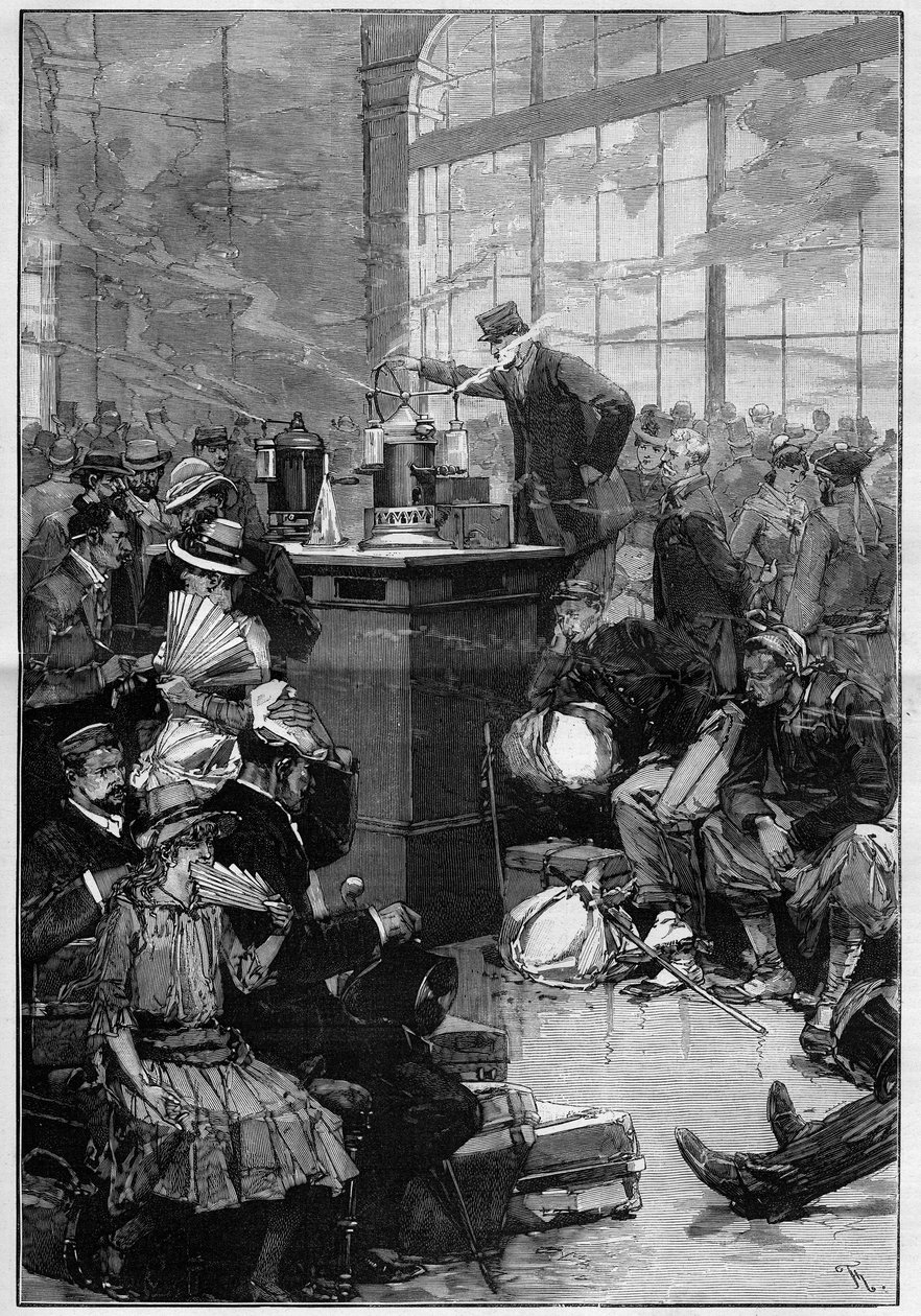 トゥーロンで流行したコレラの対策：パリ、リヨン駅の消毒室。Le Monde Illustre "に掲載された版画。 作： 無名の画家