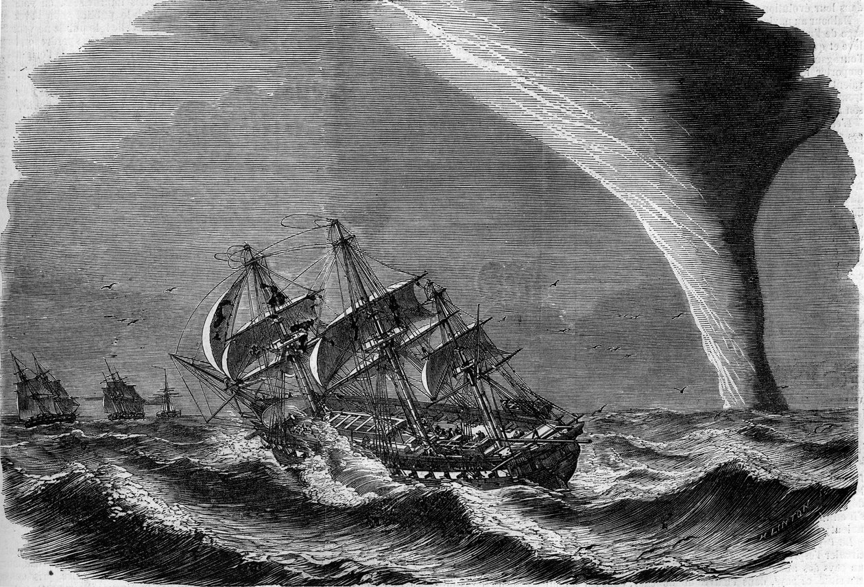 気象現象：海上の噴出物。1858年3月20日発行の「The Illustrous World」49号に掲載されたリントンの版画。 作： 無名の画家