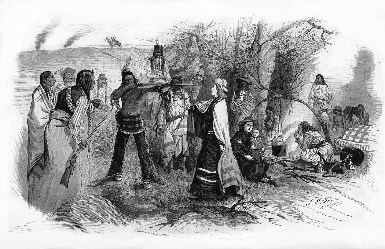Miss Josephine Meekerは、1880年にアメリカン・インディアンの反乱によって母親と一緒に囚われの身となりました。 作： 無名の画家