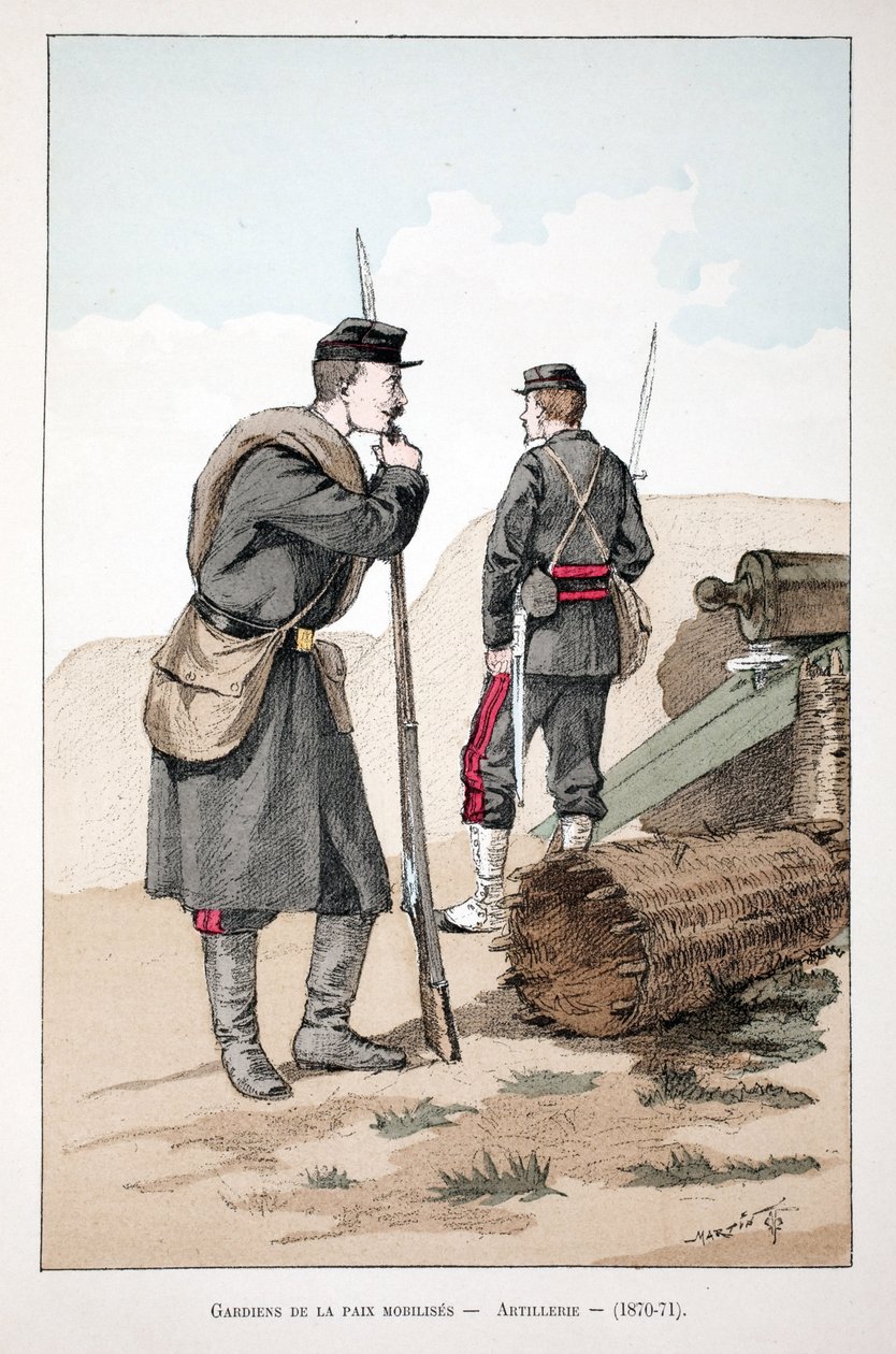 平和維持軍の動員（1870年～1871年アルフレッド・レイ(1864-?)とルイ・フェロンによるセーヌ川警部のルイ・ルピーヌ(1846-1933)の後援で出版された本「平和の戦士たちの歴史」の挿絵のためのカラー・エッチング。 作： 無名の画家