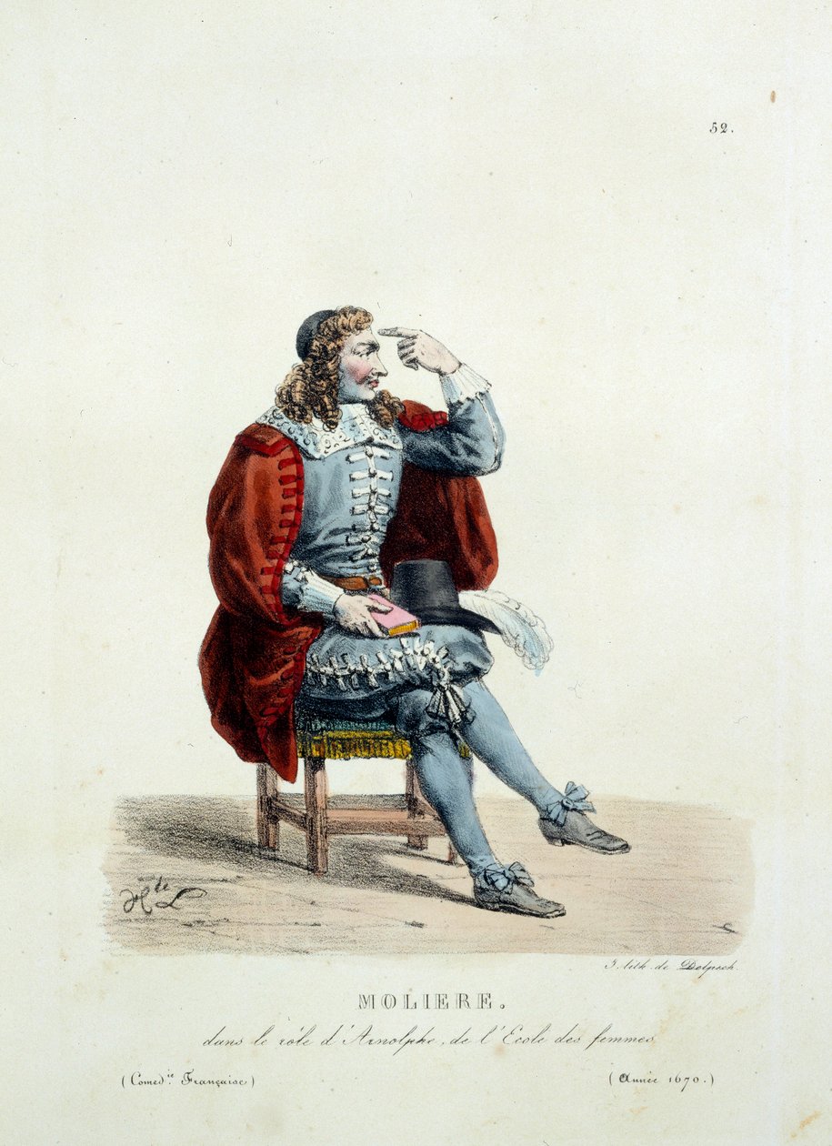 モリエールが1670年に上演した作品「女の学校」のアルノルフ役の衣装。Hippolyte Lecomte（1781-1857）のフランス喜劇の衣装。19世紀のエングレーヴィング。襟を立てる。レッツゴー。 作： 無名の画家