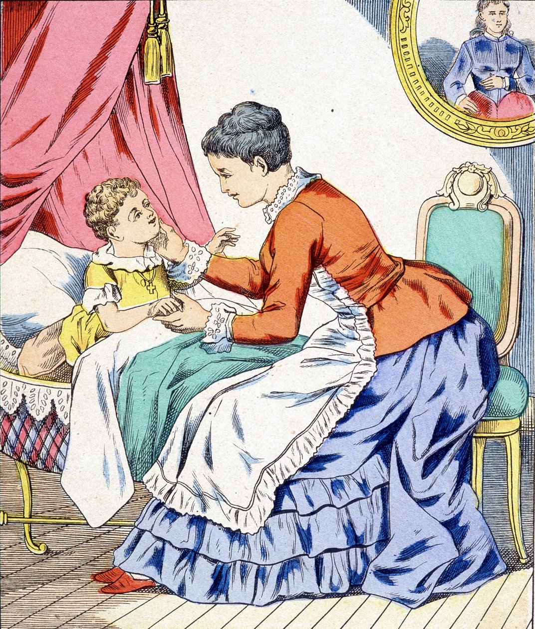 子供の寝かしつけに子守唄を歌うママ。 作： 無名の画家