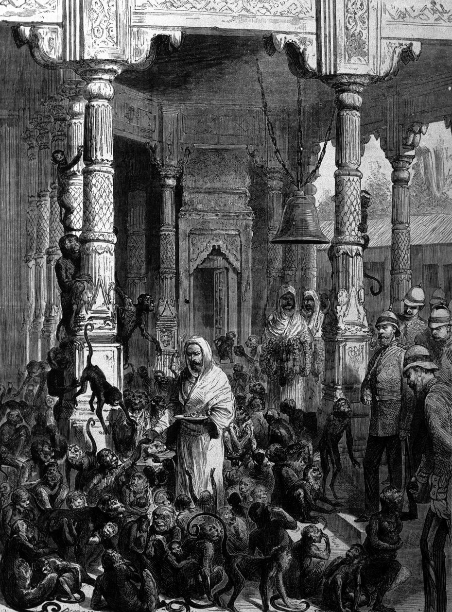 モンキー・テンプル 1877年、バラナシ（旧ベナレス）のモンキー・テンプル。 作： 無名の画家