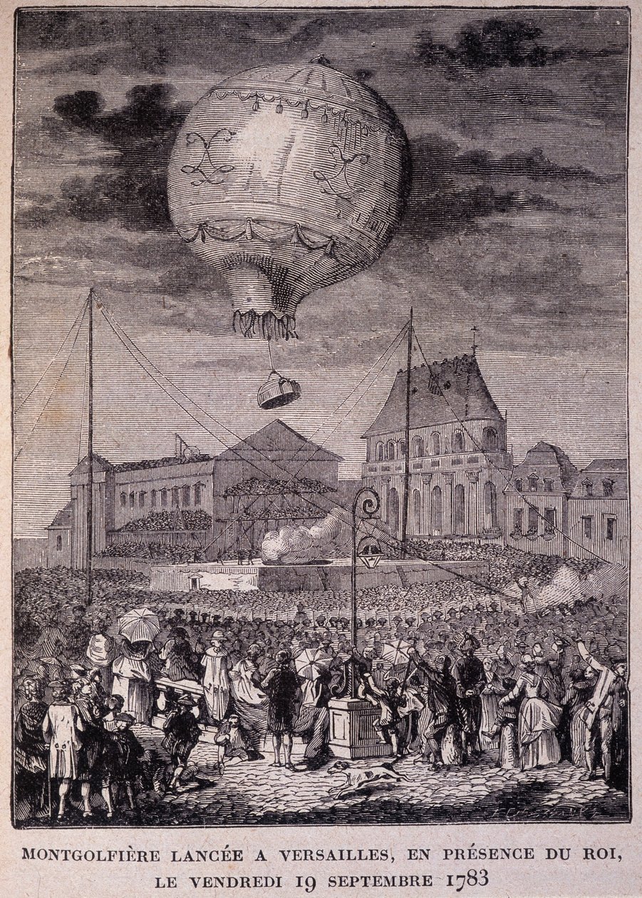 1783年9月19日（金）、国王（ルイ16世）の立ち会いのもと、ヴェルサイユ宮殿で打ち上げられたモンゴルフィエール - 「Les Contemporains」に掲載、19世紀末。 作： 無名の画家