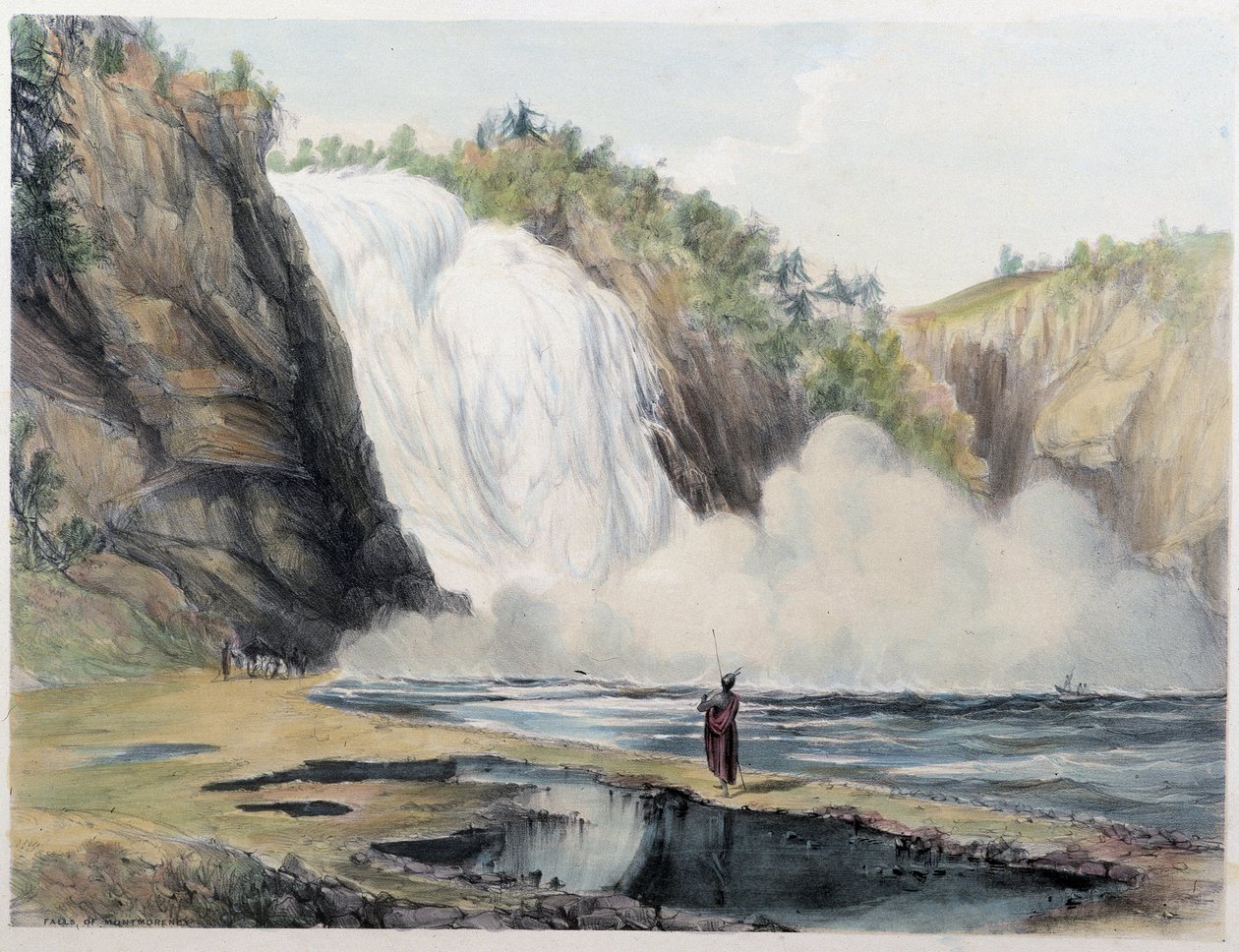 カナダ・モンモランシーの滝 - ロンドンのコーク・スミス著「Shythes sketches in Canadas」にて 作： 無名の画家