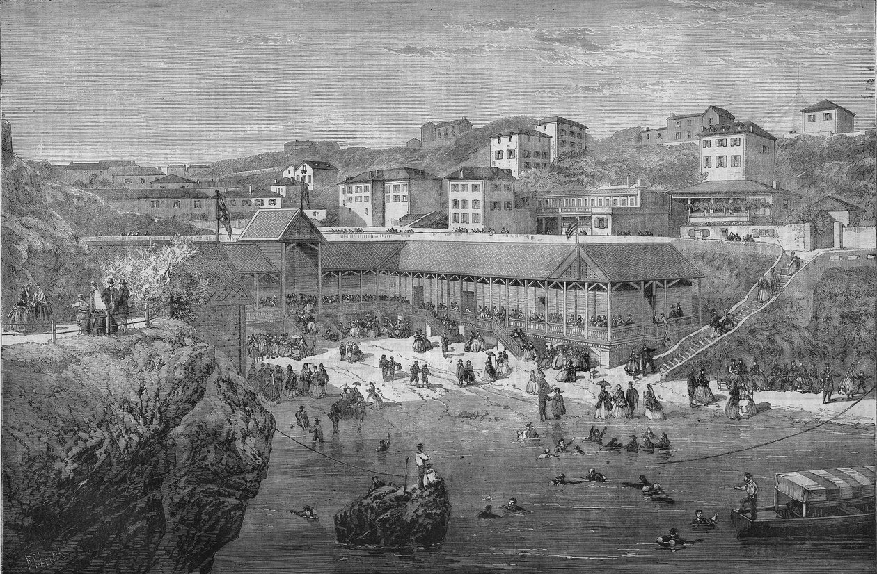 1867年、ビアリッツの海水浴場での朝。 作： 無名の画家