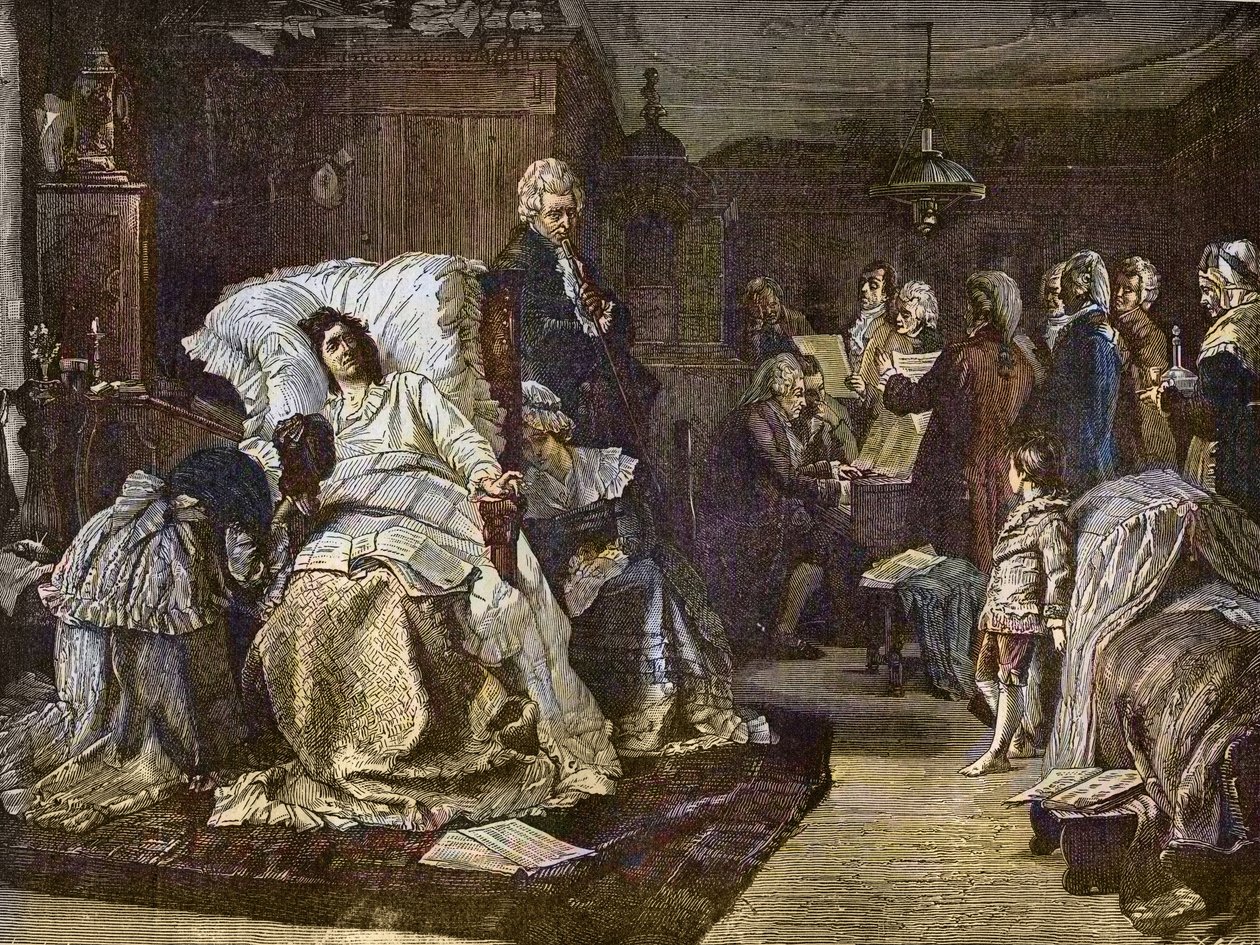 ヘルマン・コールバッハ（1846-1909）が描いたモーツァルトの最後の日 - Gli ultimi momenti di Mozart - Wolfgang Amadeus Mozartの最後の日 - 名門週刊紙「Popular Music」に掲載された版画 - 1882年 作： 無名の画家