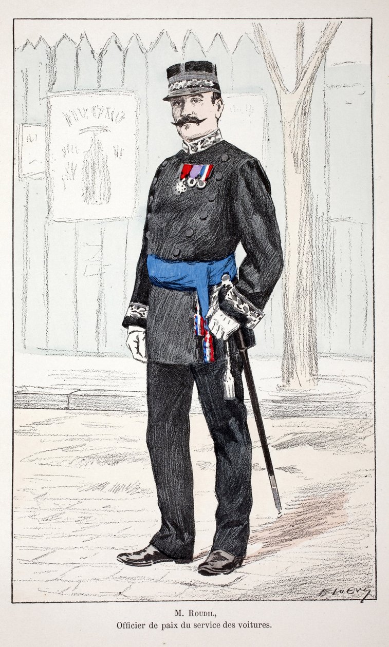 ルディルさん、カーサービスのピースオフィサー。アルフレッド・レイ(1864-)とローがセーヌ川警部のルイ・ルピーヌ(1846-1933)の後援で出版した本「平和の戦士たちの歴史」の挿絵のためのカラー・エッチング。 作： 無名の画家