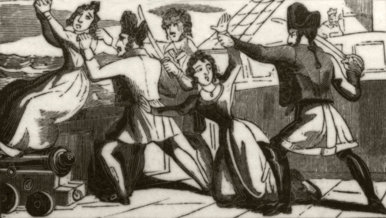 海賊に命乞いをするグラス夫人とその娘」1836年頃 作： 無名の画家