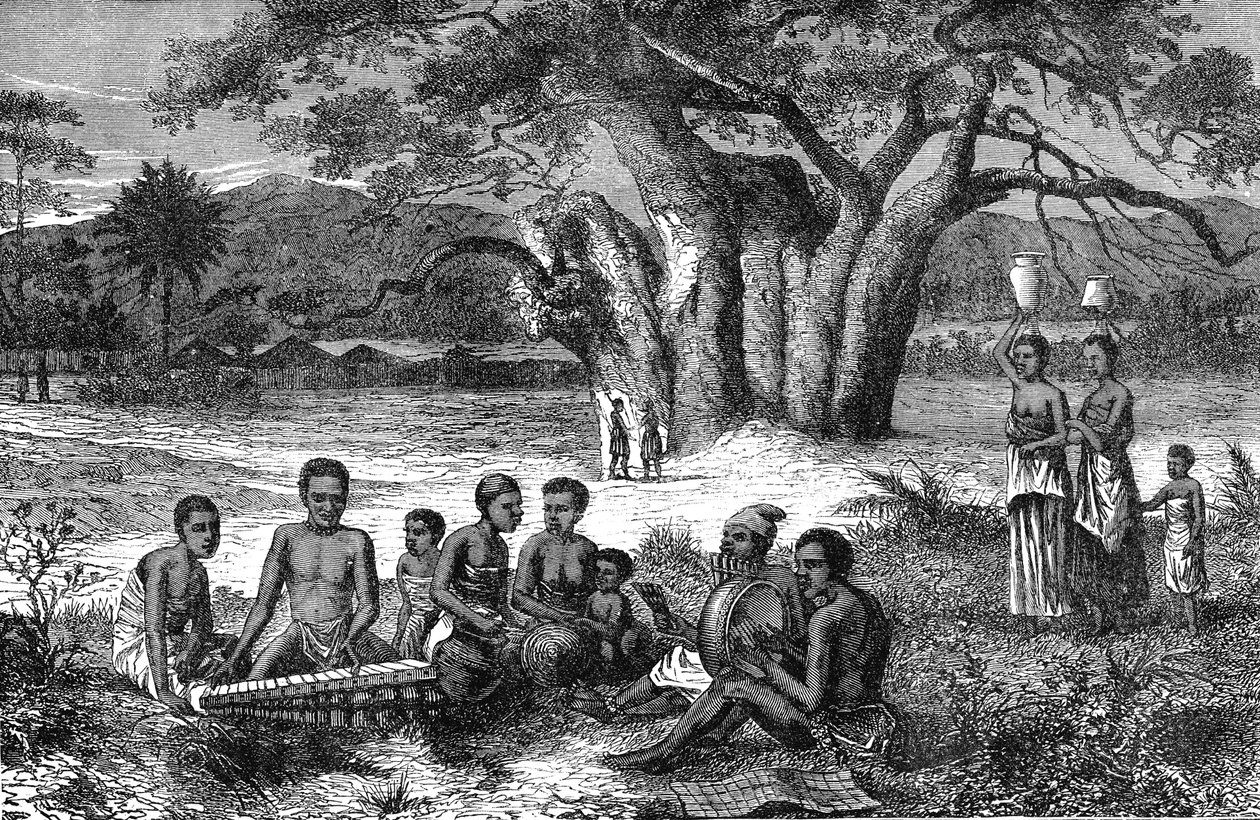 アフリカ、ザンベゼ川のほとりの音楽隊。1885年 作： 無名の画家