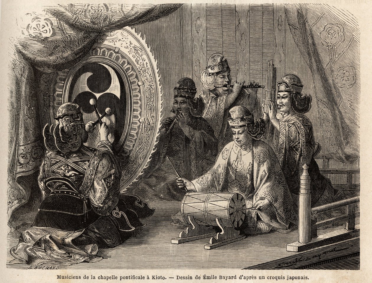 Musiker der päpstlichen Kapelle in Kyoto (oder Kioto), spielen fünf heilige Instrumente, Querflöte und Panflöte, Meeresmuschel, Pauken und Kakdaiko, der ursprüngliche Gong. Gravur zur Illustration der Reise nach Japan in den Jahren 1863-1864 von Aimé Humbe von Unknown artist
