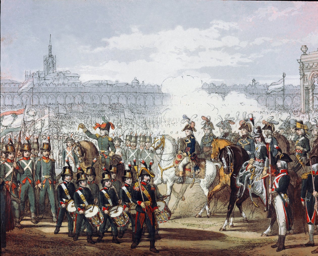 ナポレオン・ボナパルト（1769-1821）が民兵のロンバルド・シスパダン軍団を閲兵している様子（1797年07月09日） 水彩画のエングレーヴィング。ミラノ、リソルジメント博物館 作： 無名の画家
