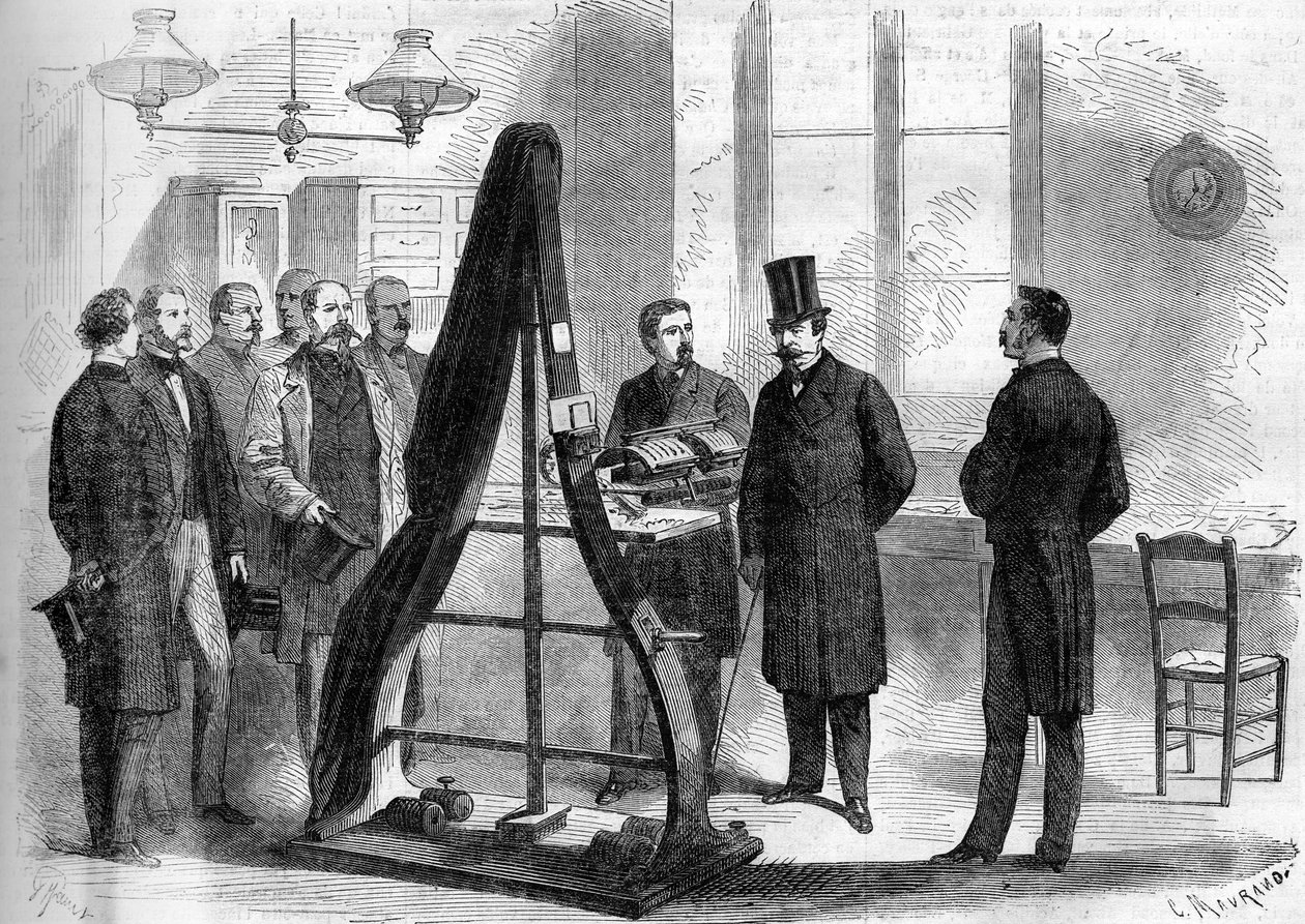 ナポレオン3世は、1866年に内務省の電気電信の事務所を訪れた。 作： 無名の画家