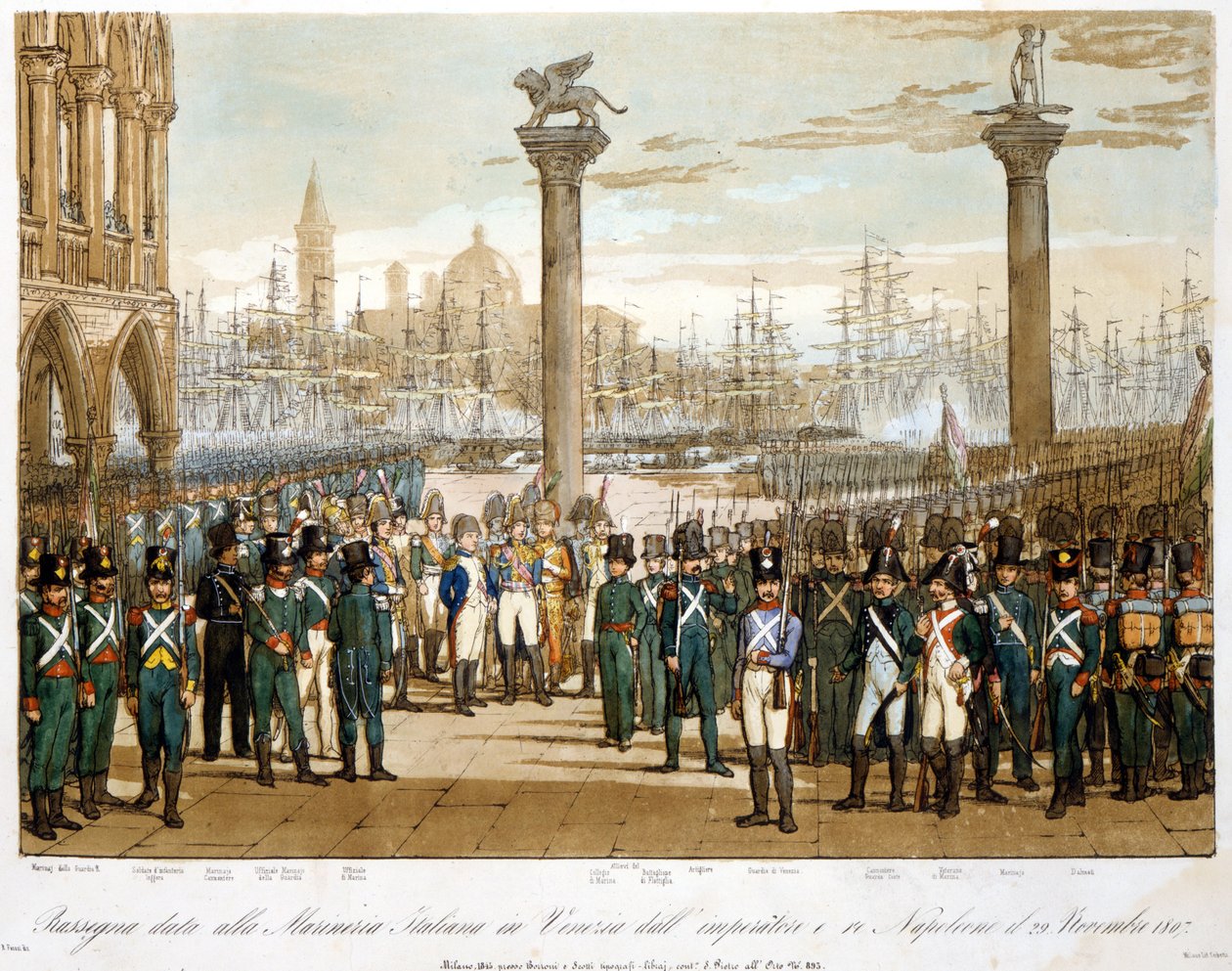 1807年11月29日、ヴェネツィアでイタリア海軍の前に立つナポレオン1世（1845年のエングレーヴィング 作： 無名の画家