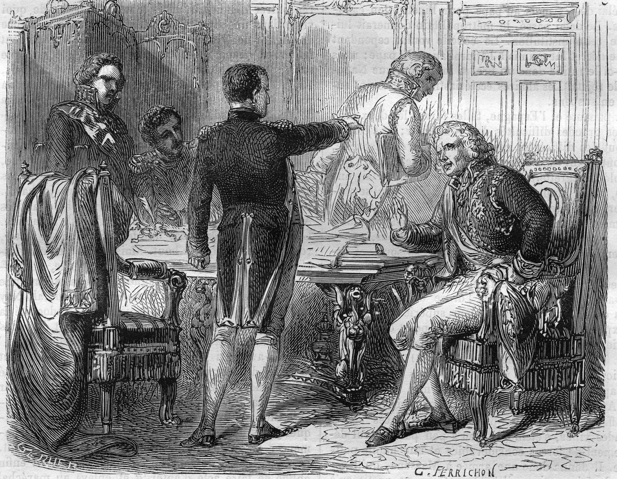 ナポレオン1世とジャン・エティエンヌ・マリー・ポルタリス（1811年）。フランスの法律家・政治家（1746年～1807年）。 作： 無名の画家