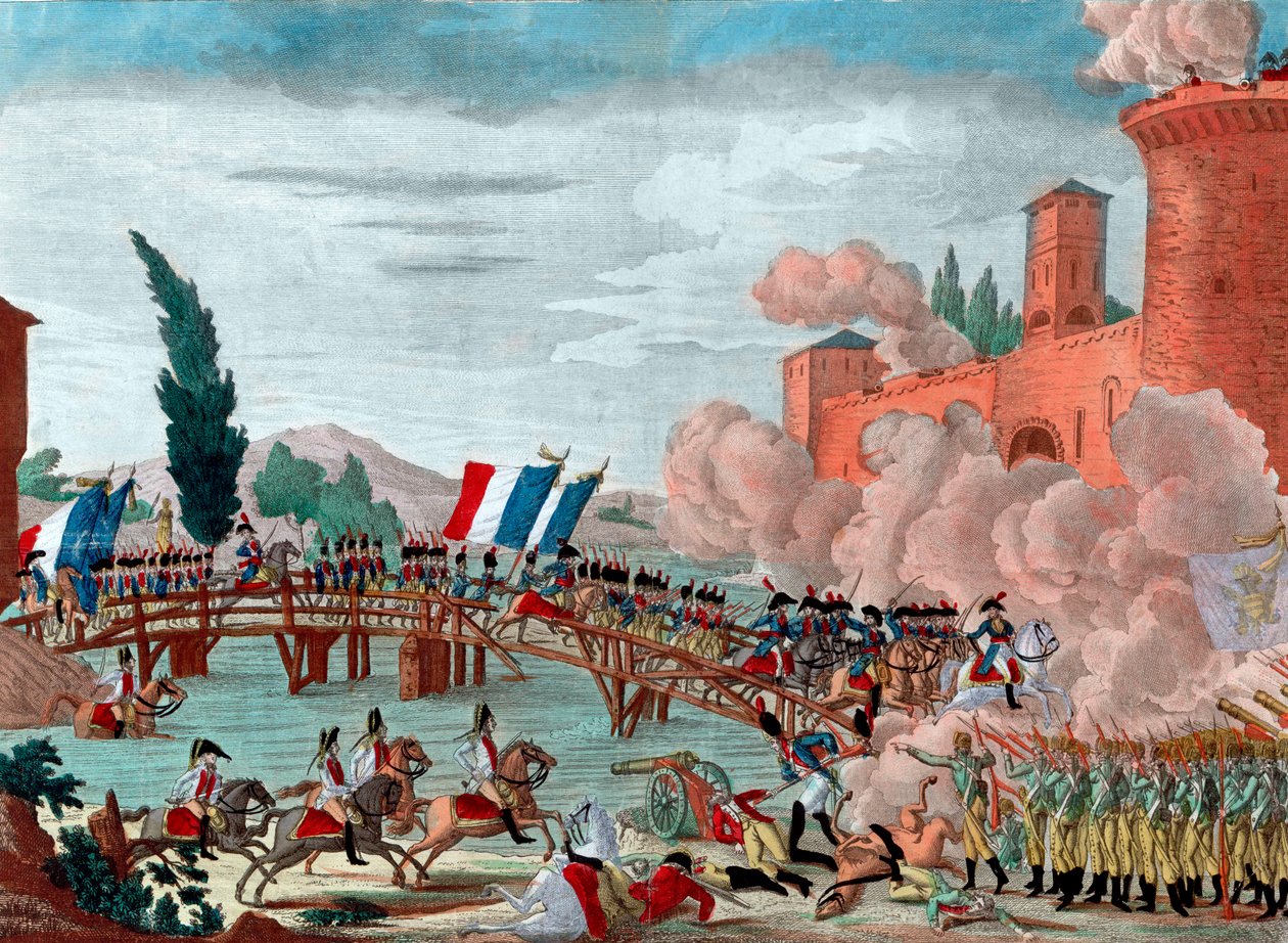 ロディの橋を渡る軍を率いるナポレオン - 1796年のロディの橋の戦いと通過の際のナポレオン - 共和国フランス軍によるイタリアのロディの橋の通過 将軍総司令官ナポレオン・ボナパルトの委託を受けて - 作： 無名の画家