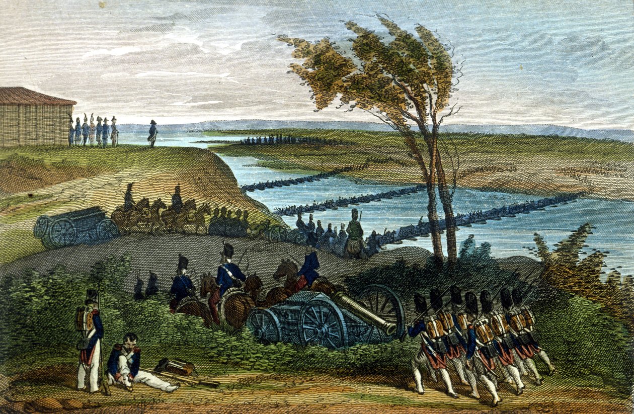 ナポレオン戦争：ロシアのキャンペーン。1812年6月24日、2つの帝国を隔てるニーメン川（ドニェメン）の通過点。19世紀の版画。 作： 無名の画家
