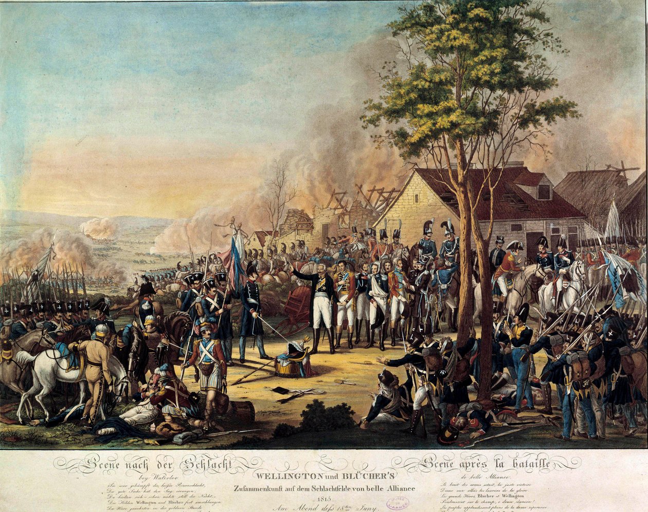 ナポレオン戦争：ベル・アライアンスの戦い、またはワーテルローの戦い 1815年6月18日、ウェリントン公爵アーサー・ウェルズリー（1769-1852）とブラッハー王子の命令を受けた軍が勝利する 作： 無名の画家