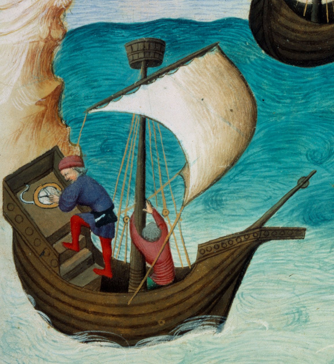 インド洋を航行する航海士が星とアストロラーベで方向を定めている。世界の不思議の書」Ms.2810、フォリオ188vに収められたミニチュアで、ジョン（ジェハン）・ド・マンデヴィル（1300?1382）と書かれたエガートンのマスターが盛り上げている。1410-1412年頃。BN、パリ 作： 無名の画家