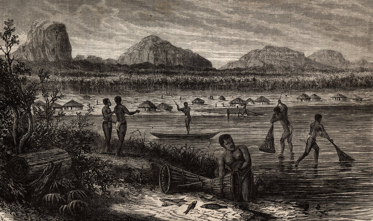 ロヴマ川（モザンビーク）の白濁水の近くで、魚の漁活動をしている様子。1840年から1856年にかけて行われたリビングストン博士の南部アフリカへの最初の航海を示すエングレーヴィング。 作： 無名の画家