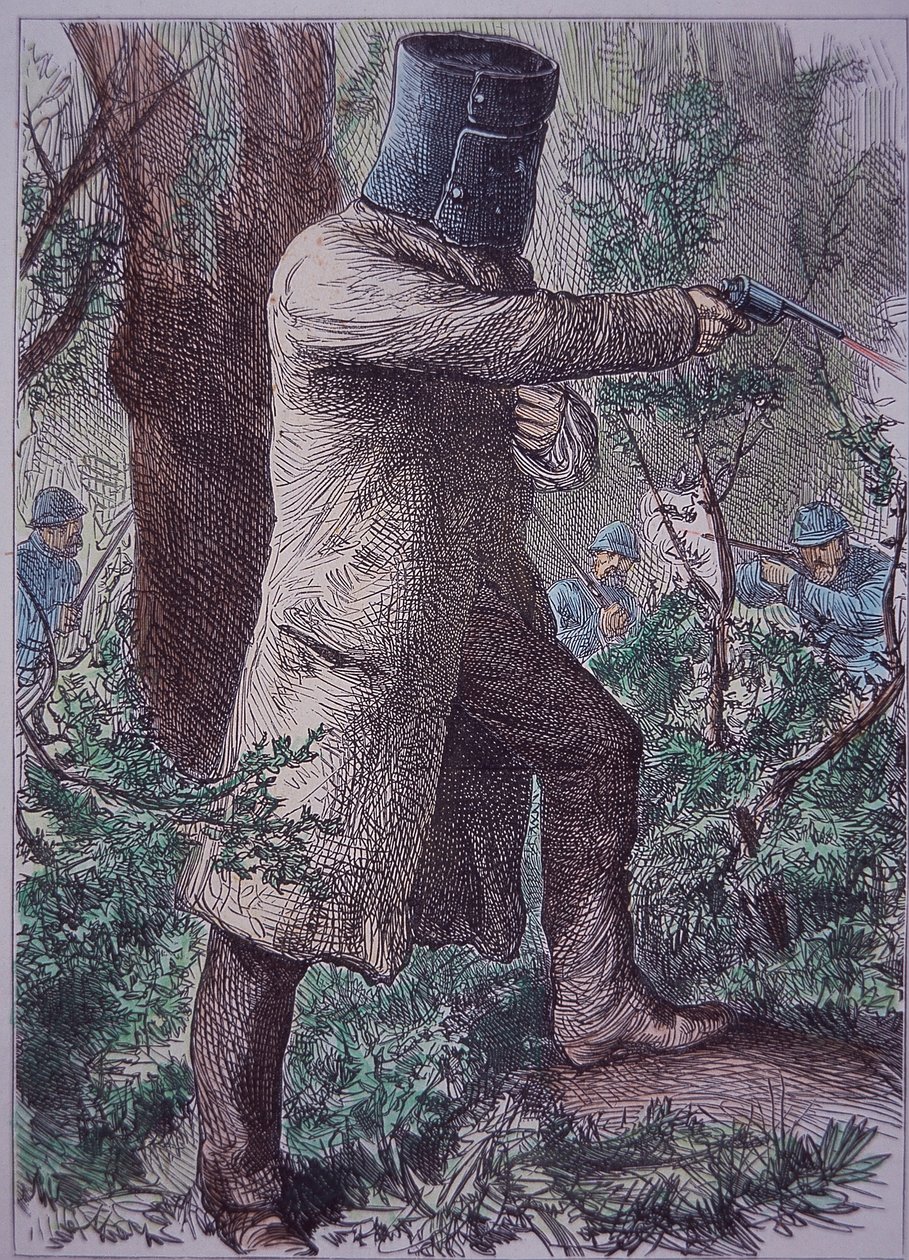1880年6月28日、警察との最後の対決に臨む、特徴的なアーマーを身につけたネッド・ケリー（彩色彫刻 作： 無名の画家