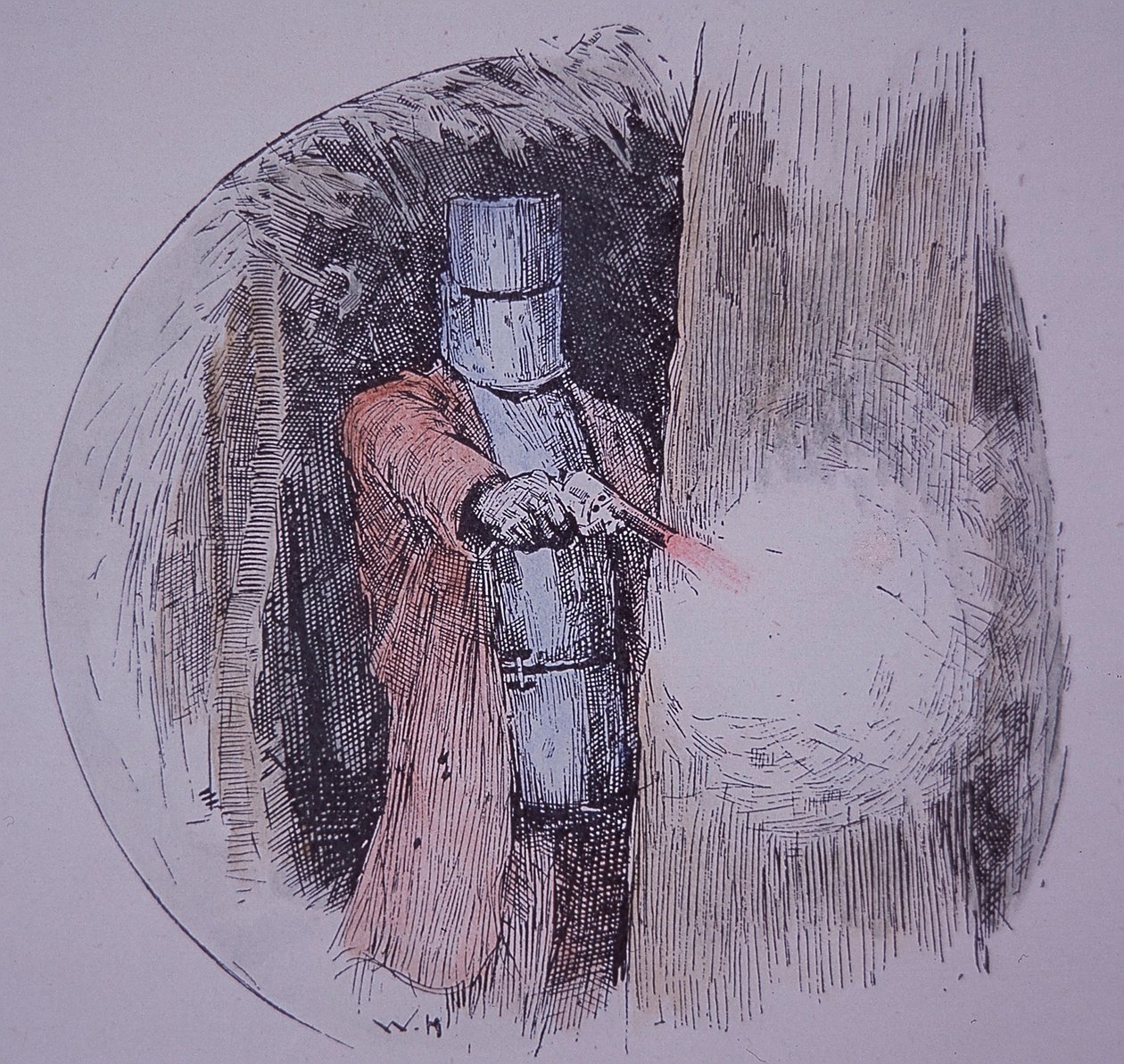 自作の甲冑を着て警察と対峙するネッド・ケリー（手彩色彫刻 作： 無名の画家