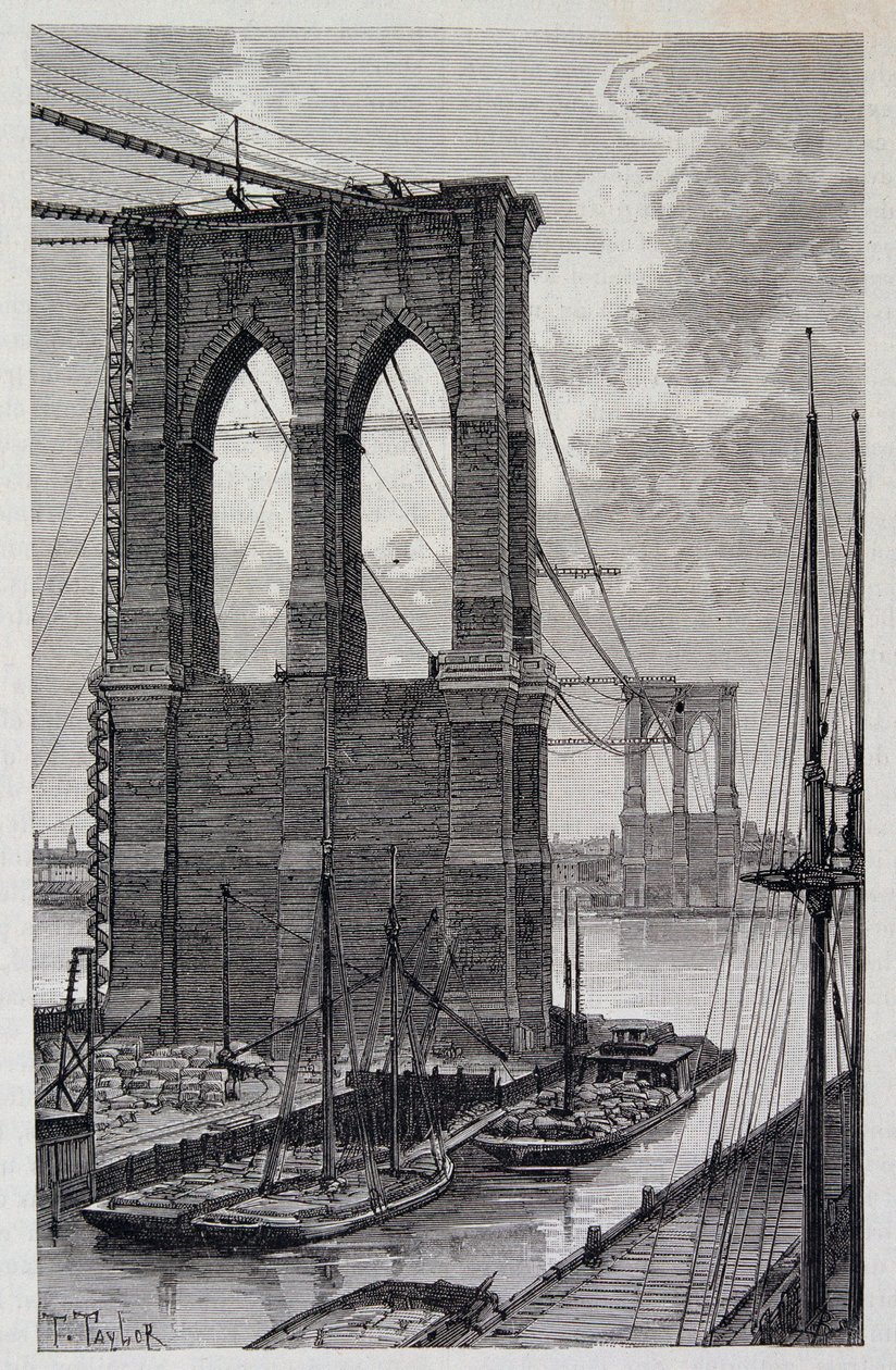 ニューヨークでの建設中のブルックリン橋の杭-『世界旅行』1881年2学期号掲載 作： 無名の画家