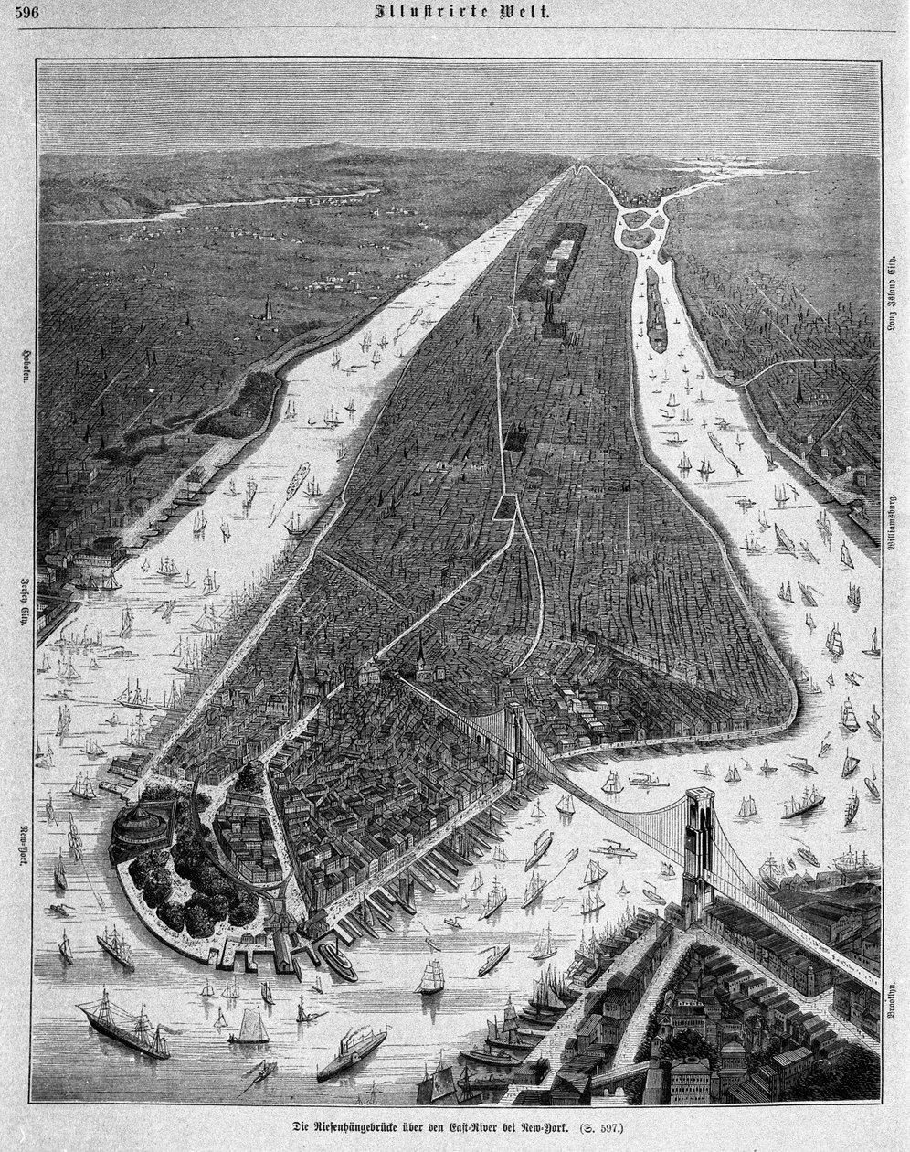 ニューヨーク：1880年当時の鳥瞰図。 作： 無名の画家