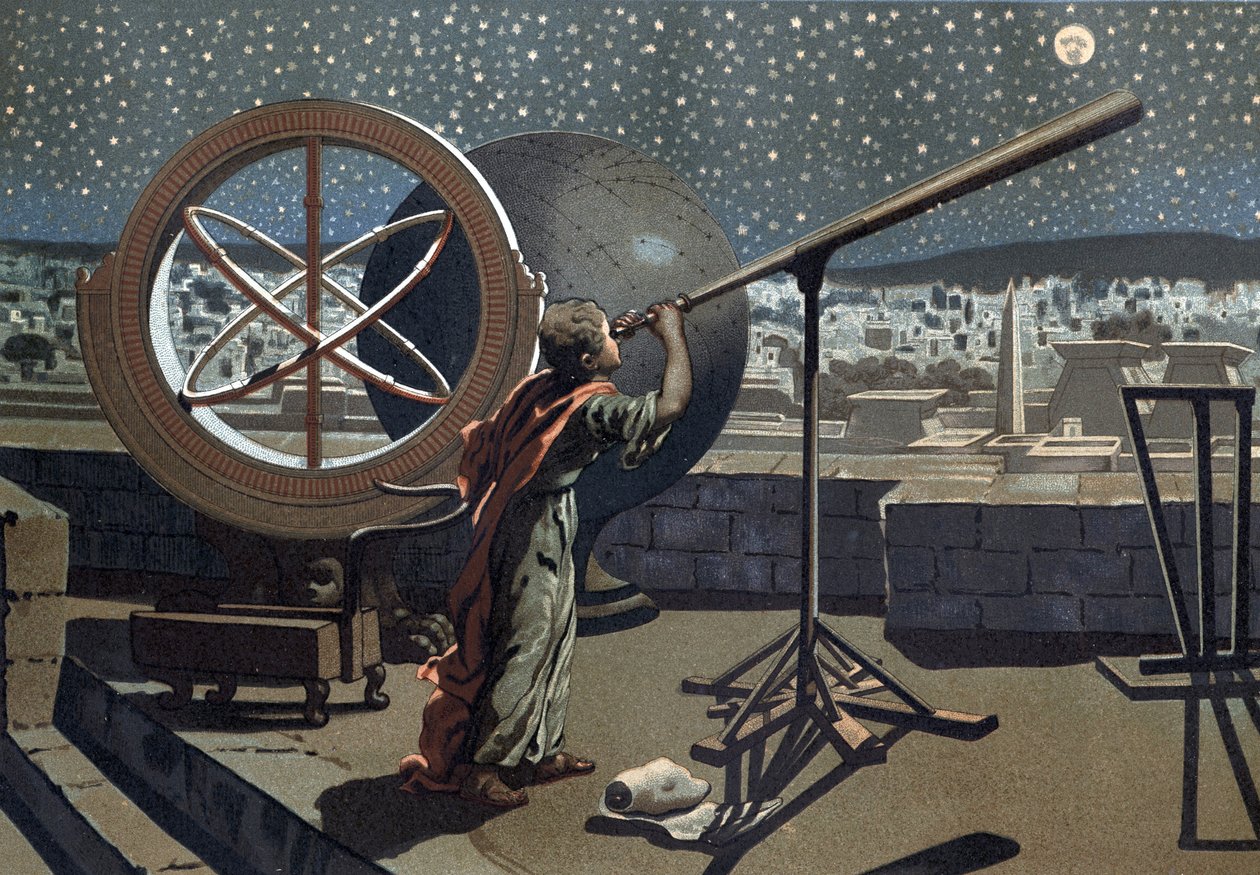 ニケのヒッパルコス。(Hipparkhos) in the Alexandria Observatory Greek Astronomer (in Bythinia, 2nd century BC) after "La Ciencia y sus Hombres" by Louis Figuier.バルセロナ 1881年 作： 無名の画家