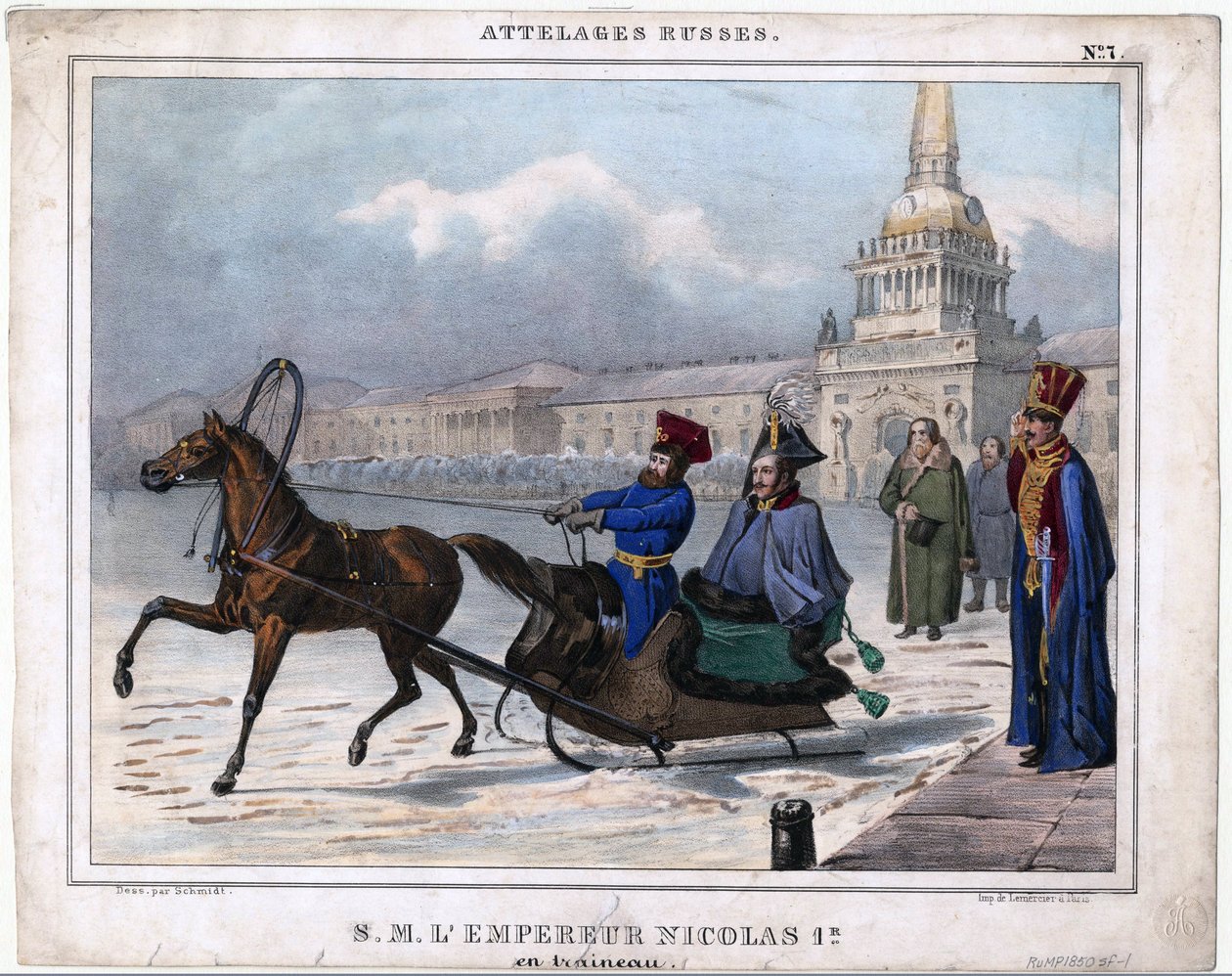 Nicolas I en traineau - Nicholas I of the Russia in a sleigh - Anonymous - 1850 - Lithograph, watercolour - 21,3x26,8 - Private Collection 作： 無名の画家