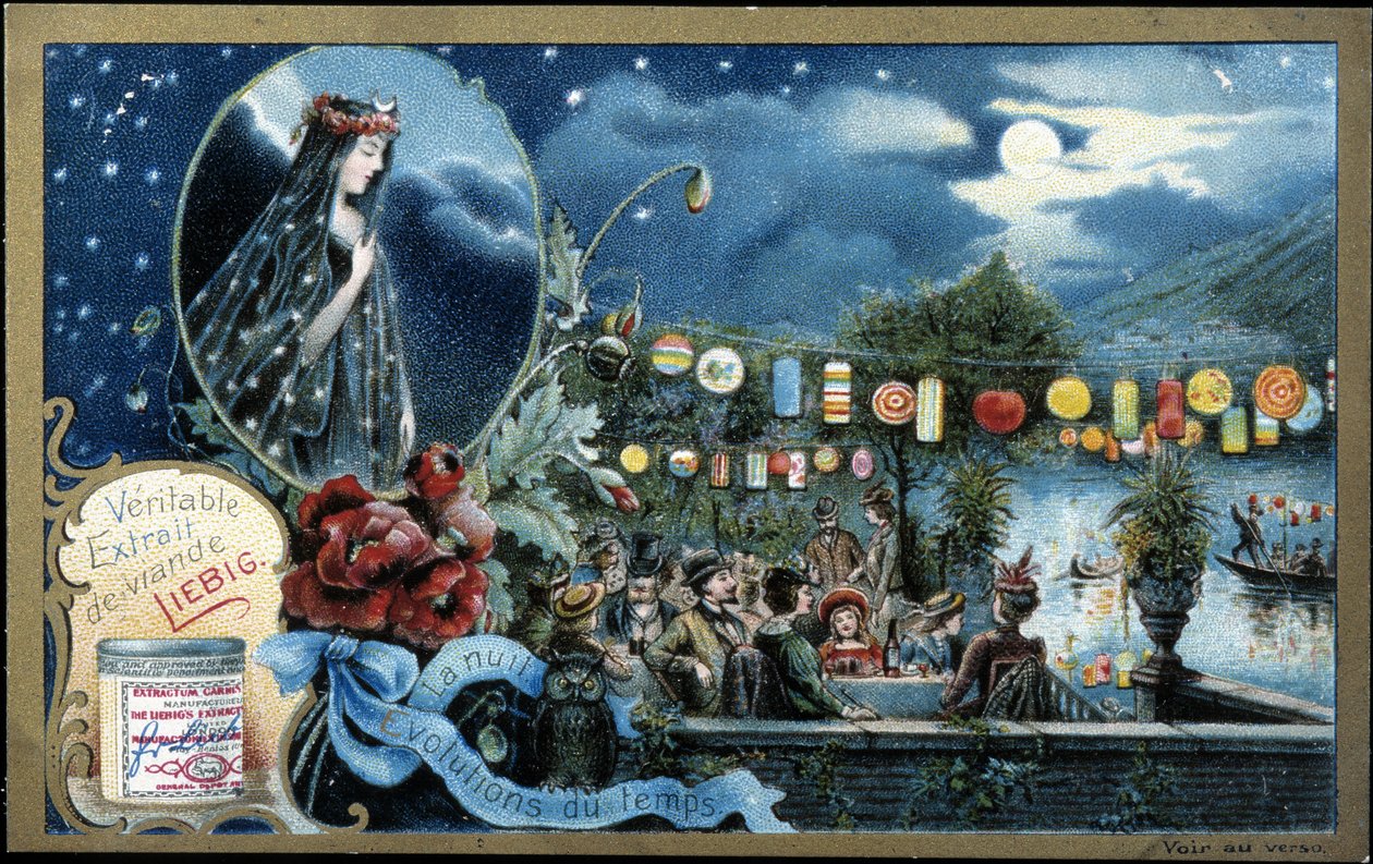 夜、湖の近くでランタンに照らされた夜のパーティー - Liebig chromolithography 作： 無名の画家